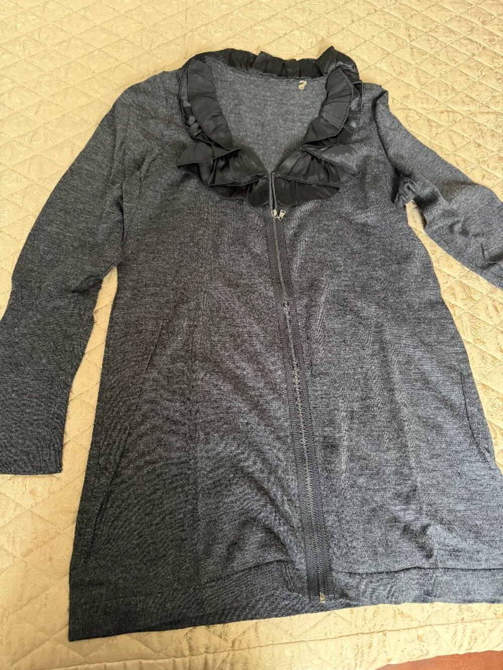 Tahari Gray Wool Blend Ruffle Zip-Front Sweater Jacket – Size M